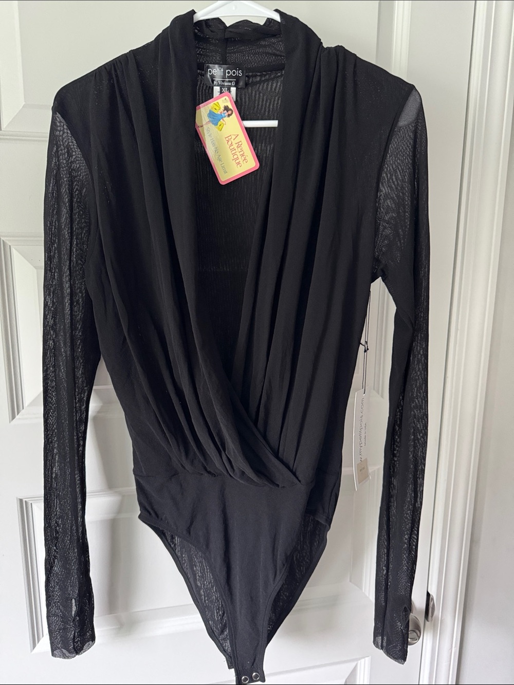 Petit Pois Black Draped Surplice Long-Sleeve Bodysuit